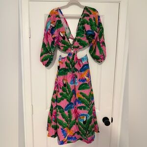 Farm Rio Pink Maxi Dress with Green Leaf & Blue Accent Print